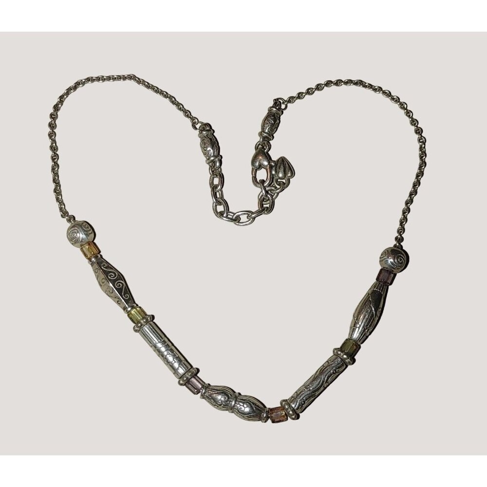 Brighton Necklace Etched Retired Purple Amber Yellow Fish Birds Silvertone